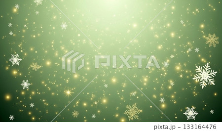 深緑色のグラデーションを背景にきらめく光の星と白い雪の結晶がフレーム状に舞い降りるクリスマスの背景素 133164476