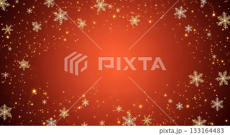 赤みがかった暖色系グラデーションを背景にきらめく光の粒と金色の雪の結晶が舞い降りる豪華なクリスマス背 133164483