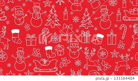 鮮やかな赤の背景にサンタクロースや雪だるま、プレゼントなどクリスマスのモチーフを白のラインで描いたシ 133164484