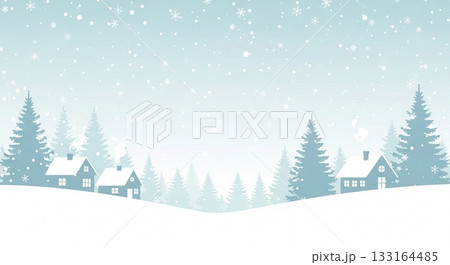 雪が降り積もる水色と白の世界に雪化粧をした森と家々が佇む冬の美しい街並み背景素材 133164485