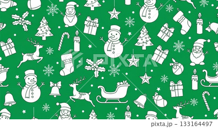 鮮やかな緑の背景にサンタクロースや雪だるま、トナカイなどクリスマスのモチーフを白のラインで描いたパタ 鮮やかな緑の背景にサンタクロースや雪だるま、トナカイなどクリスマスのモチーフを白のラインで描いたパタ 133164497