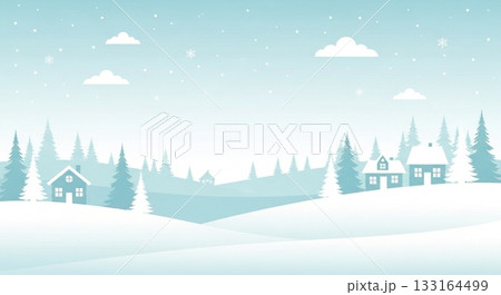 淡いブルーカラーで描いた森と家並みの冬の静かな雪景色イラスト背景 133164499