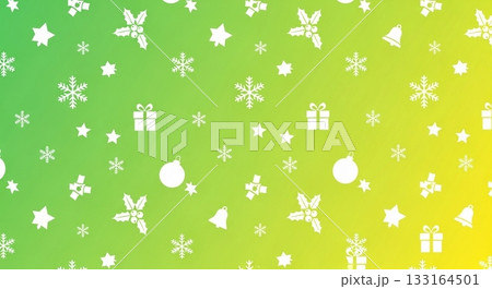 緑から黄色へのグラデーションに白いクリスマスアイコンが散りばめられた明るい冬デザイン背景イラスト 133164501