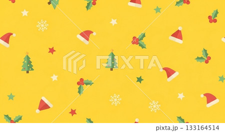 黄色背景にクリスマス帽子や木を散りばめた明るくポップなホリデーパターン 黄色背景にクリスマス帽子や木を散りばめた明るくポップなホリデーパターン 133164514
