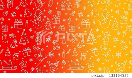 赤とオレンジの暖色系グラデーションにクリスマスモチーフのラインアートアイコンが並ぶパターン背景素材 赤とオレンジの暖色系グラデーションにクリスマスモチーフのラインアートアイコンが並ぶパターン背景素材 133164525