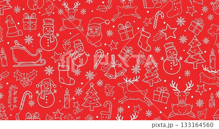 赤背景に白いクリスマスモチーフが並ぶポップなパターンデザイン 赤背景に白いクリスマスモチーフが並ぶポップなパターンデザイン 133164560