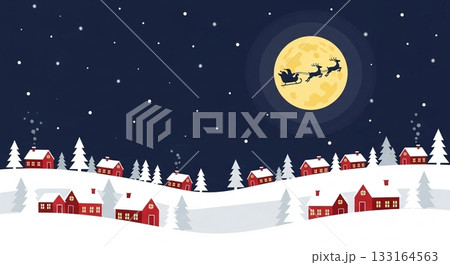 満月の夜空をサンタのソリが駆ける冬のクリスマス風景イラスト 満月の夜空をサンタのソリが駆ける冬のクリスマス風景イラスト 133164563