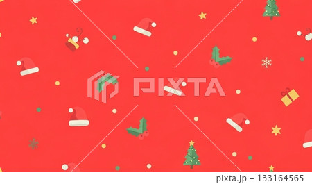 ポップなサンタ帽子とヒイラギが散りばめられた赤いクリスマス背景イラスト 133164565