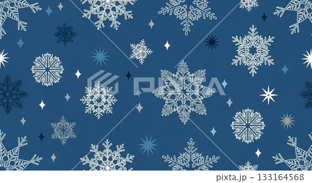 青い冬空に白い雪の結晶が広がるクリスマス雪柄パターン背景 133164568