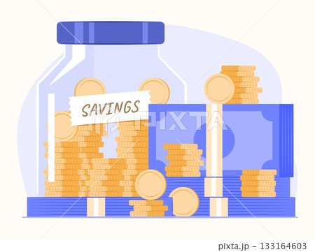 Stack of Cash Money and Savings Jar with Coins Inside for Savings and Financial Discipline Concept Illustration Stack of Cash Money and Savings Jar with Coins Inside for Savings and Financial Discipline Concept Illustration 133164603