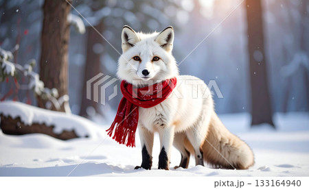 White fox wearing red scarf sitting in snowy winter forest 133164940