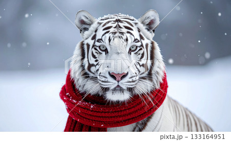 White tiger wearing red scarf in snowy winter landscape 133164951