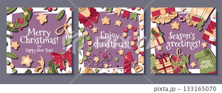 Festive Square Cards Set with Gifts, Garlands, Stars, Bell, Fir Branch Wreath and More. Perfect for Holiday Posters, Party Invitations, Social Media Posts and Seasonal Designs 133165070
