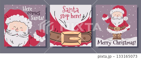 Festive Square Christmas Cards Set with Cheerful Santa Claus Waving Hand Among Snowflakes. Perfect for Holiday Posters, Seasonal Banners, Social Media Posts and Christmas Party Invitations. 133165073