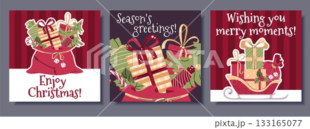 Festive Square Christmas Cards Set with Santa's Sleigh and Bag of Gifts. Perfect for Holiday Posters, Seasonal Banners, Social Media Posts and Christmas Party Invitations. 133165077