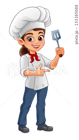 Cartoon Chef Woman Pointing While Holding Spatula Cartoon Chef Woman Pointing While Holding Spatula 133165088