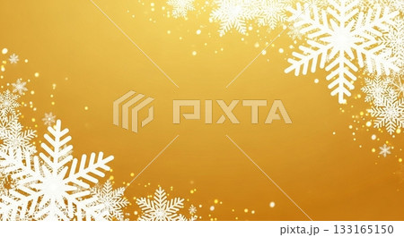 豪華な金色の背景に白い雪の結晶がフレーム状に散りばめられ光の粒が輝くクリスマスの背景素材 133165150