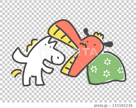 獅子舞に噛まれる笑顔の白馬　正月素材　手描き 133165216