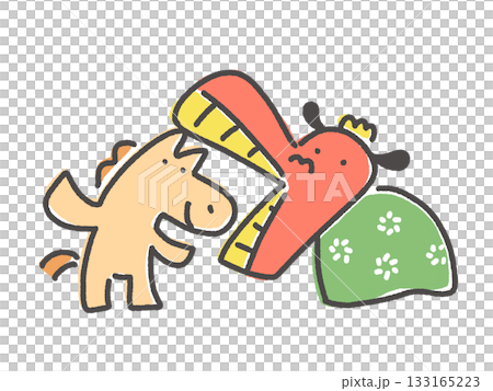 獅子舞に噛まれる笑顔の馬 正月素材 手描きのイラスト素材 [133165223