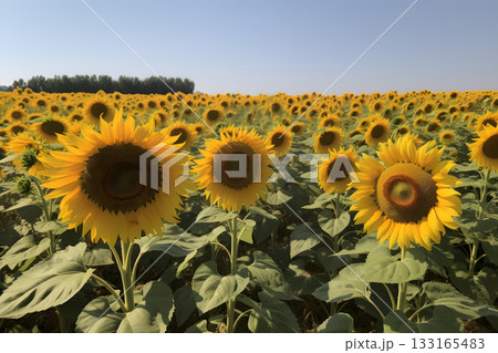 A field of sunflowers with a clear blue sky in the background, neural network generated image 133165483