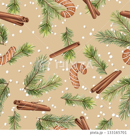 Seamless pattern Illustration with hand-drawn pine branches, gingerbread cookies, and cinnamon sticks scattered on a light brown background. Design for holiday wrapping paper, festive textile, or cozy 133165701