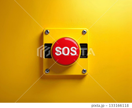 Red sos emergency button on yellow panel 133166118