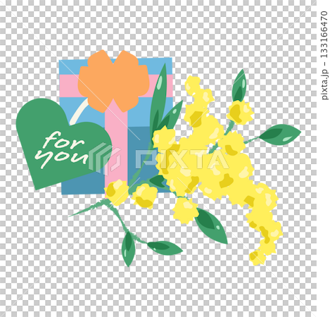 ギフトボックスと黄色い花と“for you”ハートタグのイラスト 133166470