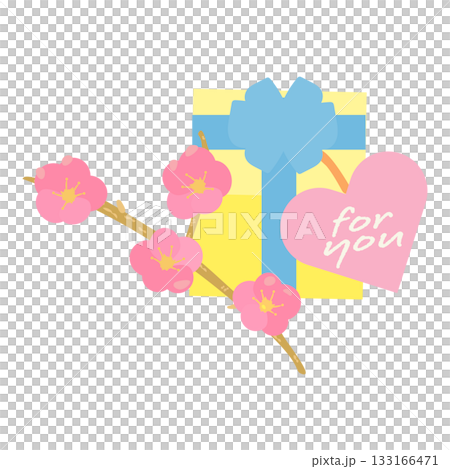 梅花圖案、禮盒和寫著「送給你」的心形標籤 133166471