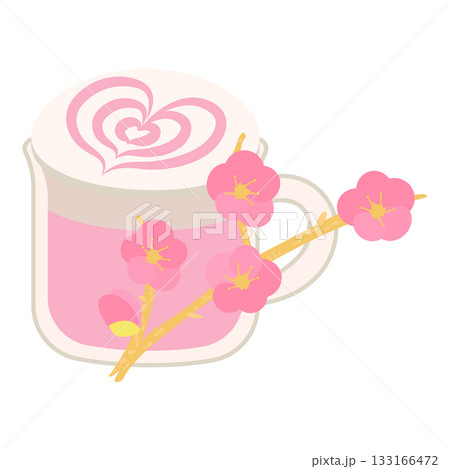 ハートのラテアートと梅の花のピンクラテのイラスト 133166472