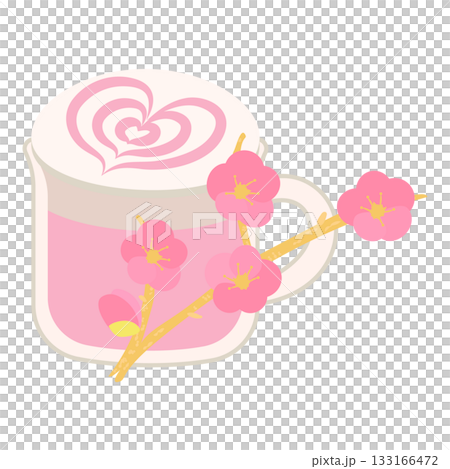 粉紅色拿鐵咖啡插圖,帶有心形拉花和梅花圖案 粉紅色拿鐵咖啡插圖,帶有心形拉花和梅花圖案 133166472