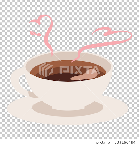 手繪插圖，描繪了一杯冒著熱氣的咖啡，咖啡杯呈現心形 133166494