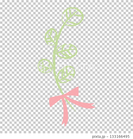 手繪蠟筆風格樹葉枝條（粉紅色絲帶）插圖 133166495