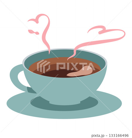 手描き風のブルーのコーヒーカップ（ハートの湯気）イラスト 133166496
