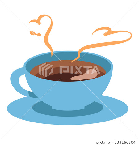 手描き風のブルーのコーヒーカップ（ハートの湯気）イラスト 133166504