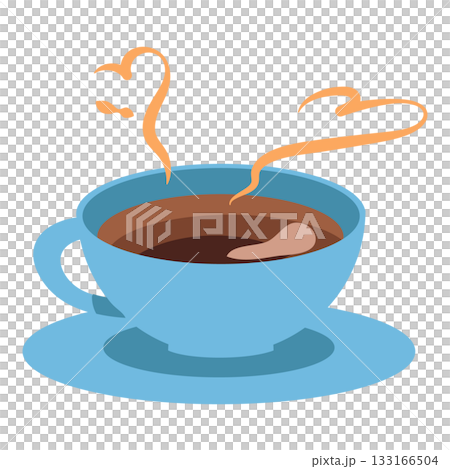 手描き風のブルーのコーヒーカップ（ハートの湯気）イラスト 133166504