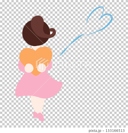 後ろ手でハートを抱えるピンクワンピの女の子イラスト（後ろ姿） 133166513