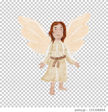 Angel with wings in a beige robe. Watercolor illustration isolated on white perfect for Christmas cards, posters, invitations, packaging, Christian projects. Hand painted holiday design element 133166604