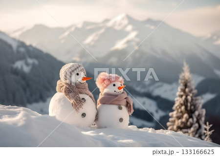 Winter Christmas - two happy snowman friends on snowy mountains at day light, neural network generated image 133166625