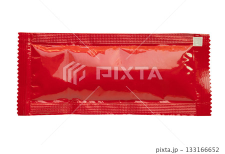 Blank red foil tomato ketchup sauce sachet package isolated on white background 133166652