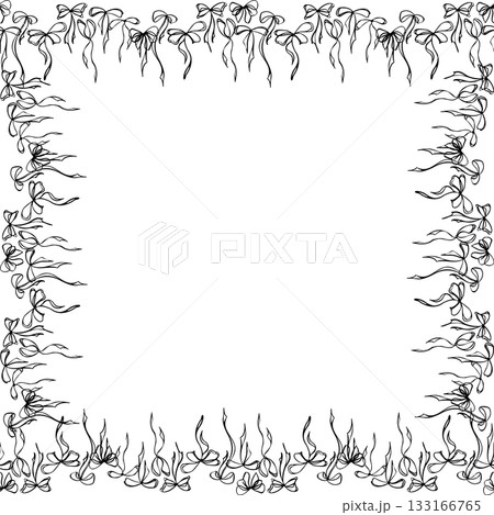 Tied ribbon bows with long flowing tails decorating square border edge. Hand drawn vector ink frame illustration, copy space. Gift card layout, romantic label, decorative stationery, festive menu. Tied ribbon bows with long flowing tails decorating square border edge. Hand drawn vector ink frame illustration, copy space. Gift card layout, romantic label, decorative stationery, festive menu. 133166765
