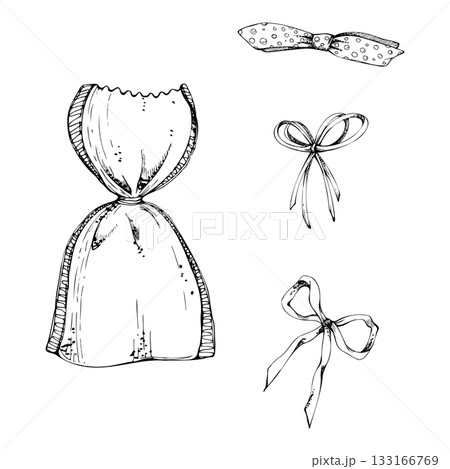 French Provence style scented sachet pouch bag tied with raffia jute bow, boho shabby chic. Isolated single object illustration hand drawn in vector ink. Eco print, countryside branding, herb decor 133166769
