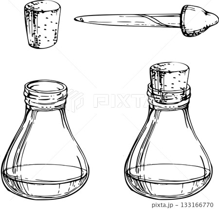 Glass vial bottle filled with liquid essential oil, cork stopper, dropper pipette. Single object isolated illustration hand drawn in vector ink. Natural skincare, perfume sampling, aromatherapy Glass vial bottle filled with liquid essential oil, cork stopper, dropper pipette. Single object isolated illustration hand drawn in vector ink. Natural skincare, perfume sampling, aromatherapy 133166770