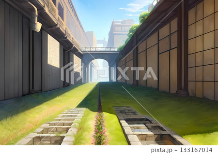 ゲーム背景　屋外古代遺跡ダンジョン通路 133167014