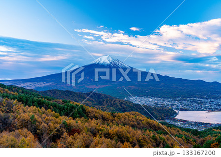 【山梨県】カラマツの黄葉と雪化粧した富士山 133167200