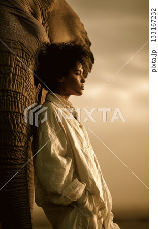 Sunset portrait woman leaning on elephant in warm light Sunset portrait woman leaning on elephant in warm light 133167232