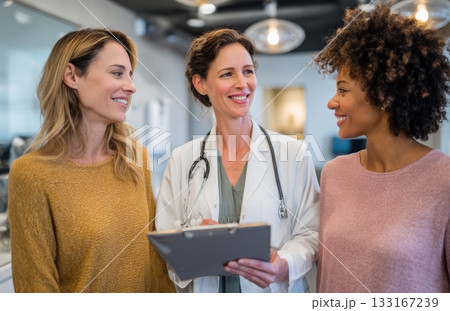 Female doctor discussing health plan with two patients Female doctor discussing health plan with two patients 133167239