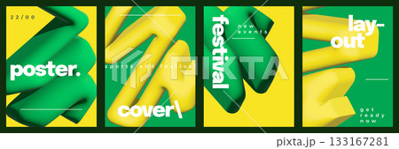 Trendy Abstract and Minimalist Poster Set with 3D Bold Green and Yellow Shapes. Creative Cover or Poster Template Design for Branding, Advertising, and Social Media Promotion 133167281