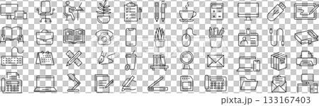 Vector monochrome line icon set about office supplies Vector monochrome line icon set about office supplies 133167403