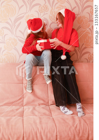Girls in New Year's looks with a gift are sitting at home on the sofa. Girls in New Year's looks with a gift are sitting at home on the sofa. 133167657