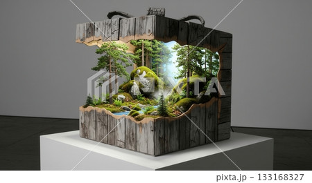A surreal art installation of a miniature forest inside a broken wooden box. This conceptual piece evokes wonder and ideas of conservation, nature's value, and hidden worlds. Perfect for eco themes. A surreal art installation of a miniature forest inside a broken wooden box. This conceptual piece evokes wonder and ideas of conservation, nature's value, and hidden worlds. Perfect for eco themes. 133168327